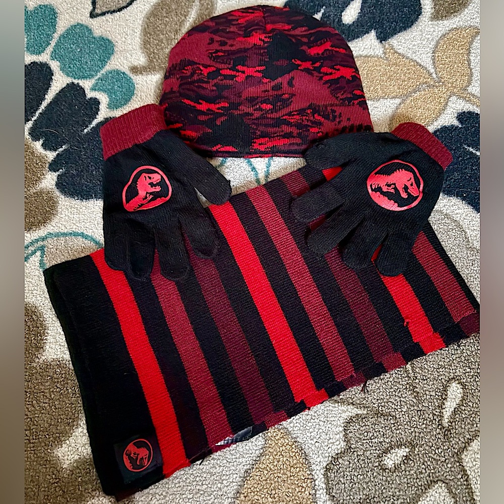 Used Jurassic World hat, gloves and scarf .